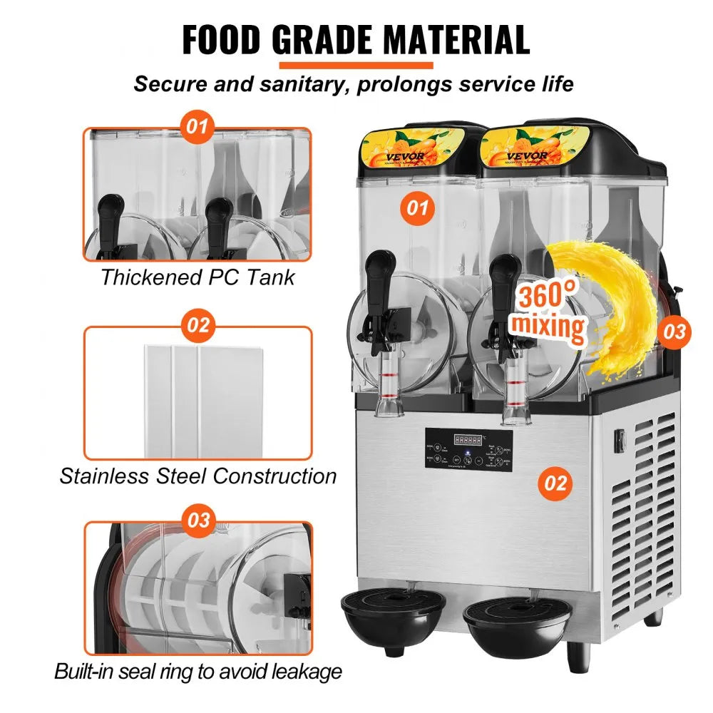 VEVOR 2 x 12L / 3.2 Gal Commercial Slush Machine Margarita Smoothie Frozen Drink