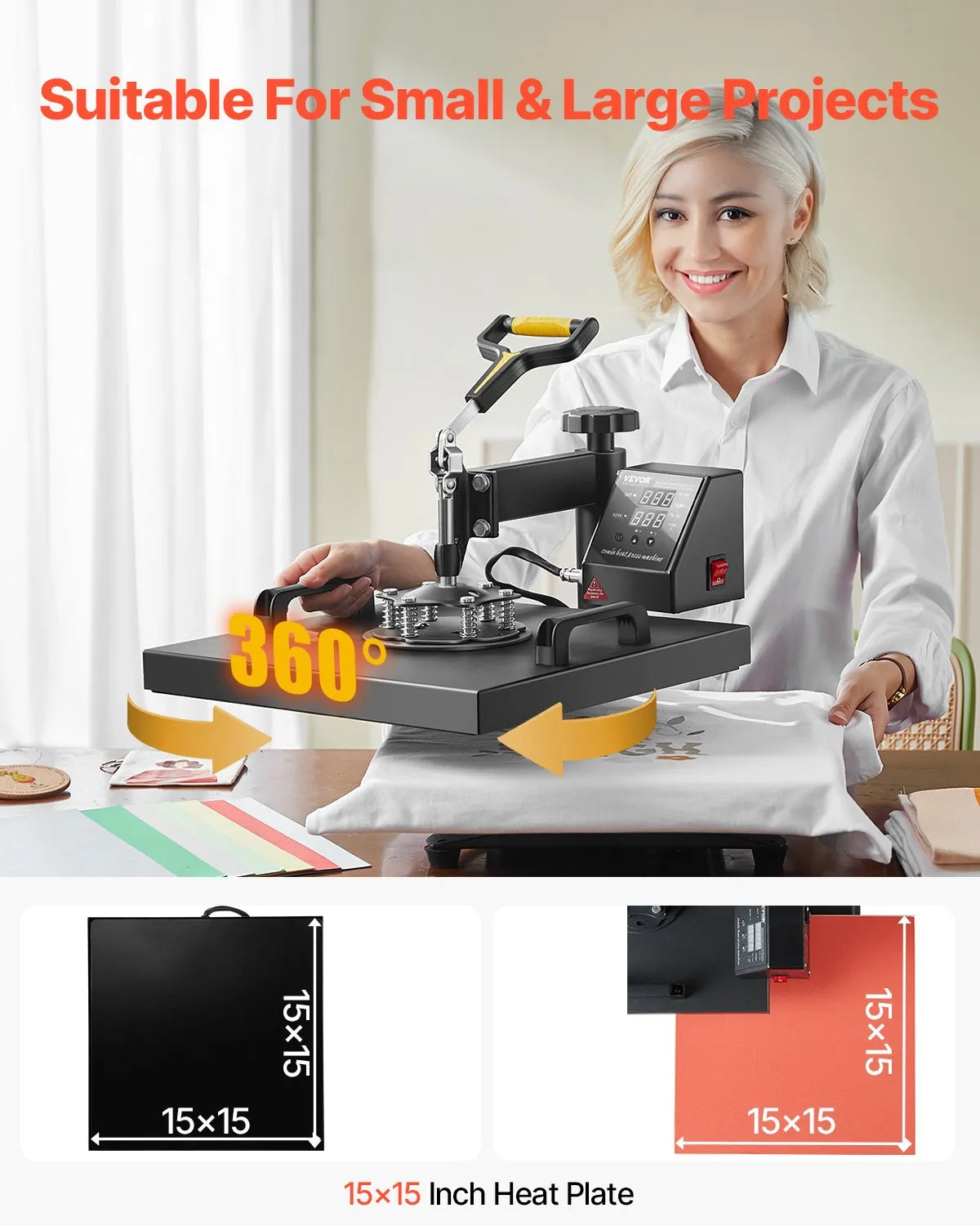 Heat Press Machine 2-In-1 15x15in Sublimation Print Transfer DIY T-shirt Cap