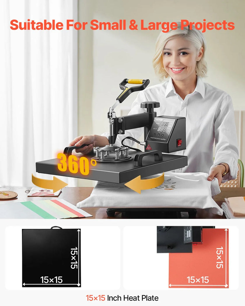 Heat Press Machine 2-In-1 15x15in Sublimation Print Transfer DIY T-shirt Cap