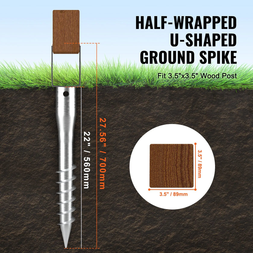 VEVOR No Dig Ground Anchor, 4 Pack 3.94 x 2.76 x 27.56 in DIY Screw in Post Stake, Includes 6 Lag Bolts & a Rebar, U-Shape Heavy Duty Steel Post Holder, Great for Mailbox Posts and Fence Posts