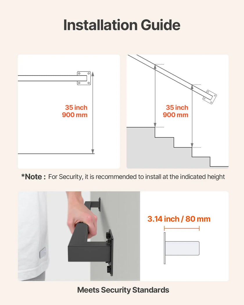 VEVOR 3ft Wall Mounted Stair Handrail Black Iron 250lbs Load Square Tube