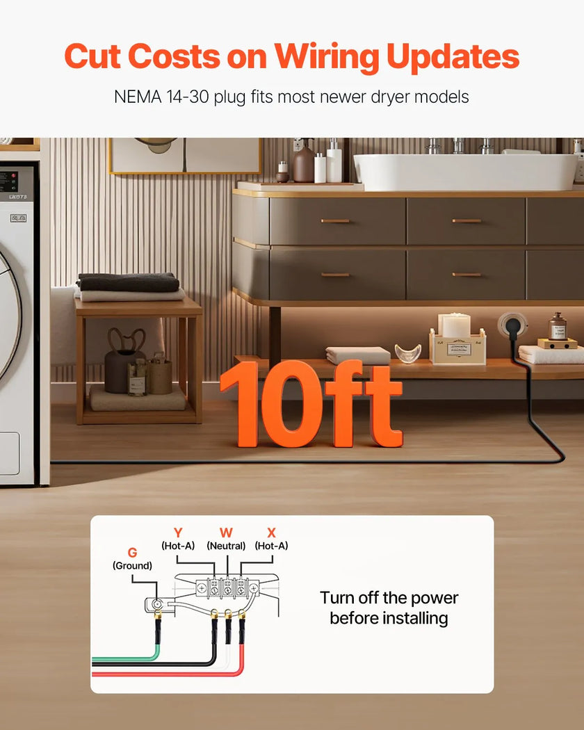 VEVOR 10 ft Dryer Power Cord 4-Prong NEMA 14-30P Dryer Cord w/ Eyelet Connectors