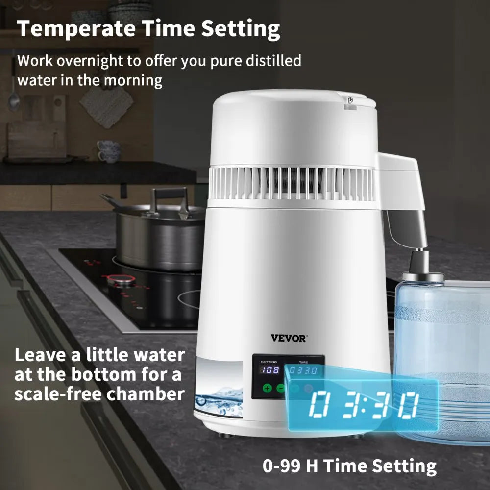 VEVOR 1.1Gal Water Distiller, 0.3Gal/H, 750W Distilled Water Maker Machine 0-99H Timing Set Temp Display, 304 Stainless Steel Countertop Distiller Glass Carafe Cleaning Powder 3 Carbon Packs, White