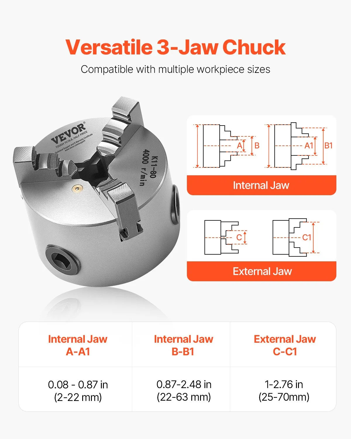 VEVOR 3 Inch 3-Jaw Self-Centering Lathe Chuck for Lathe Drilling Milling Machine