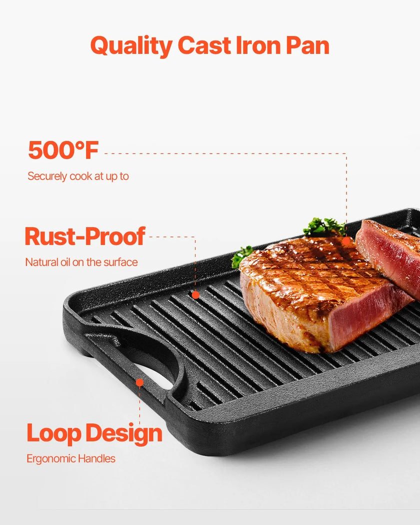 VEVOR 14x8.5 in Reversible Grill Griddle Pre-Seasoned BBQ Pan Cast Iron Black