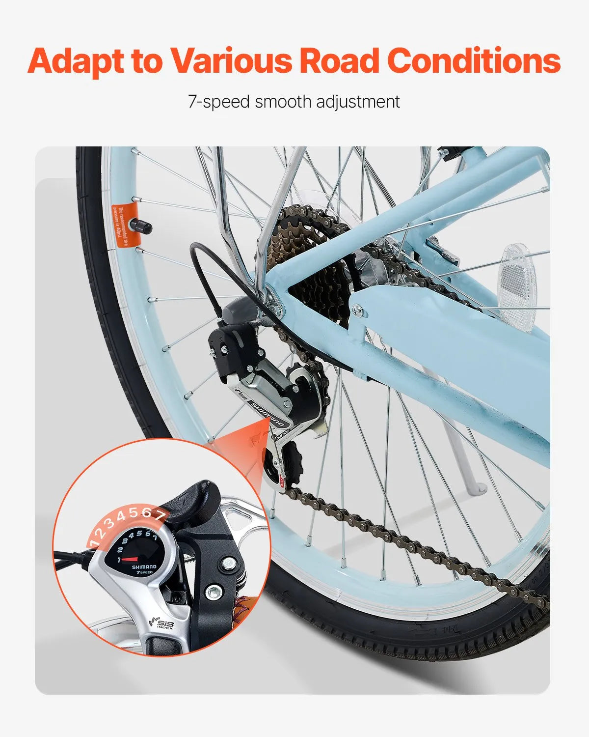 VEVOR 24-Inch Cruiser Bike 7-Speed Light Blue Beach Cruiser Bike with Basket