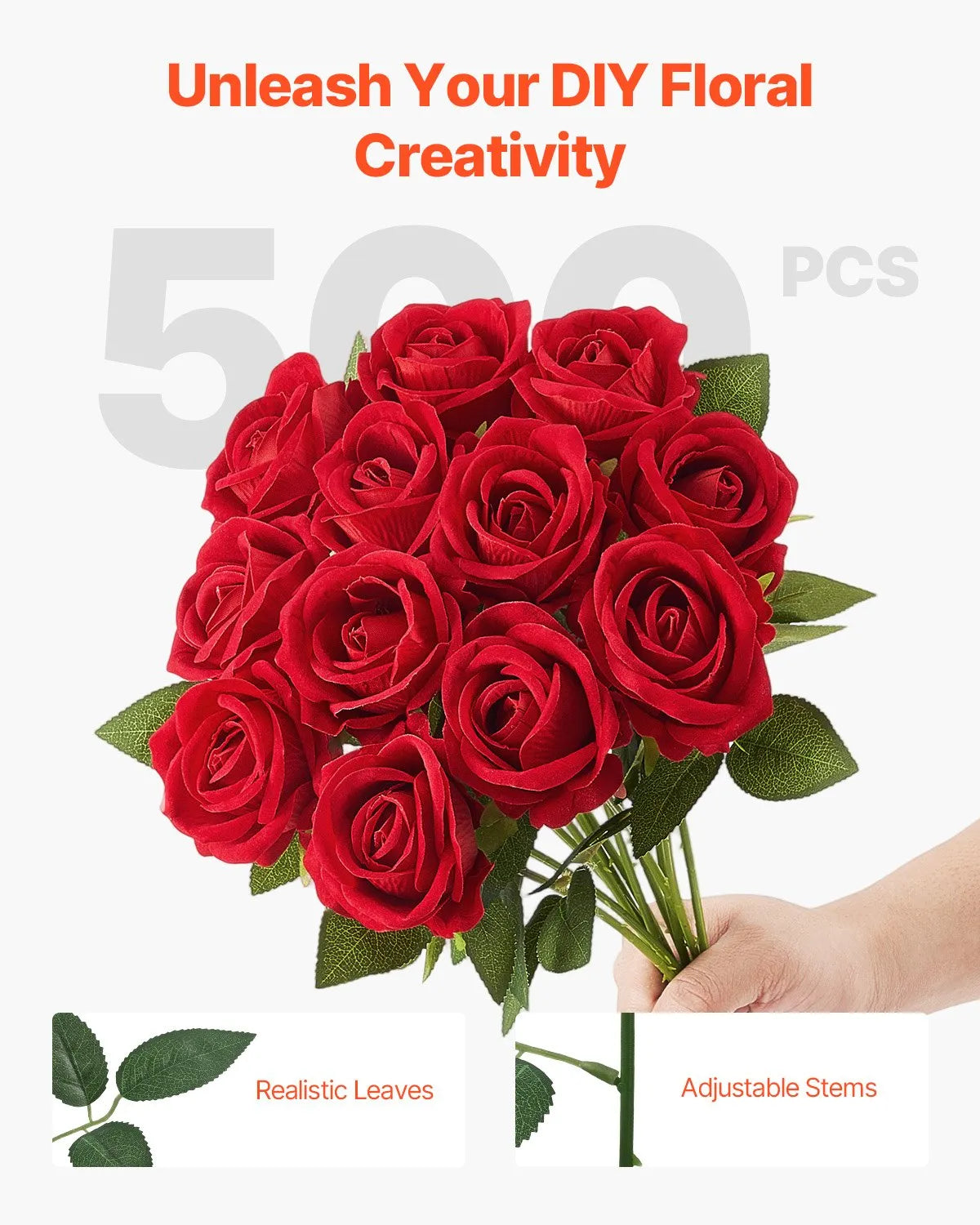 VEVOR 500 Pcs Red Roses Artificial Flowers Realistic Bouquet for Xmas Home Decor