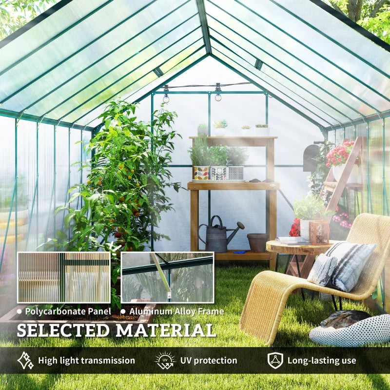 16' x 8' Aluminum Polycarbonate Greenhouse Walk-in Garden Greenhouse Kit with Adjustable Roof Vent, Rain Gutter and Sliding Door for Winter, Green