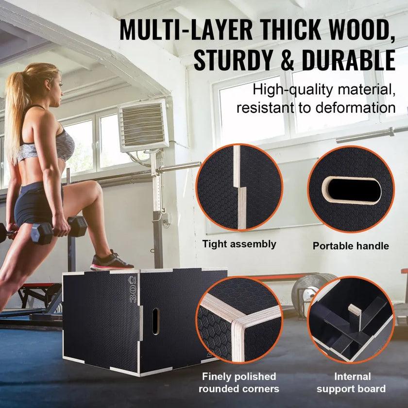 VEVOR 3 in 1 Plyometric Jump Box, 30/24/20 Inch Wooden Plyo Box, Platform & Jumping Agility Box, Anti-Slip Fitness Exercise Step Up Box for Home Gym Training, Conditioning Strength Training, Black