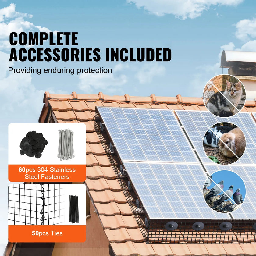 VEVOR 6 inch x 100ft Solar Panel Bird Guard, Critter Guard Roll Kit with 60pcs Stainless Steel Fasteners, Solar Panel Guard with Rust-proof PVC Coating, 1/2 inch Wire Roll Mesh