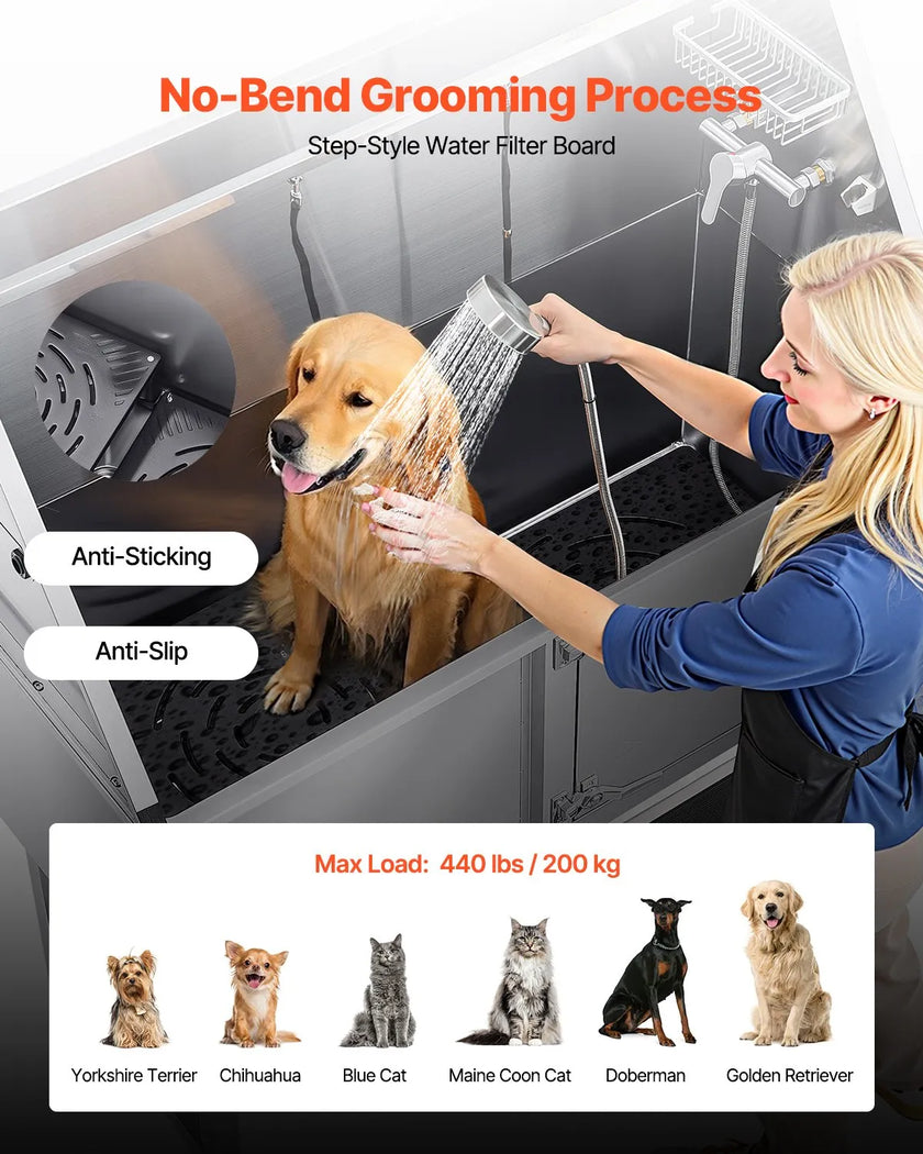 VEVOR 62 Inch Dog Grooming Bath Tub Stainless Steel w Ramp Water Filter