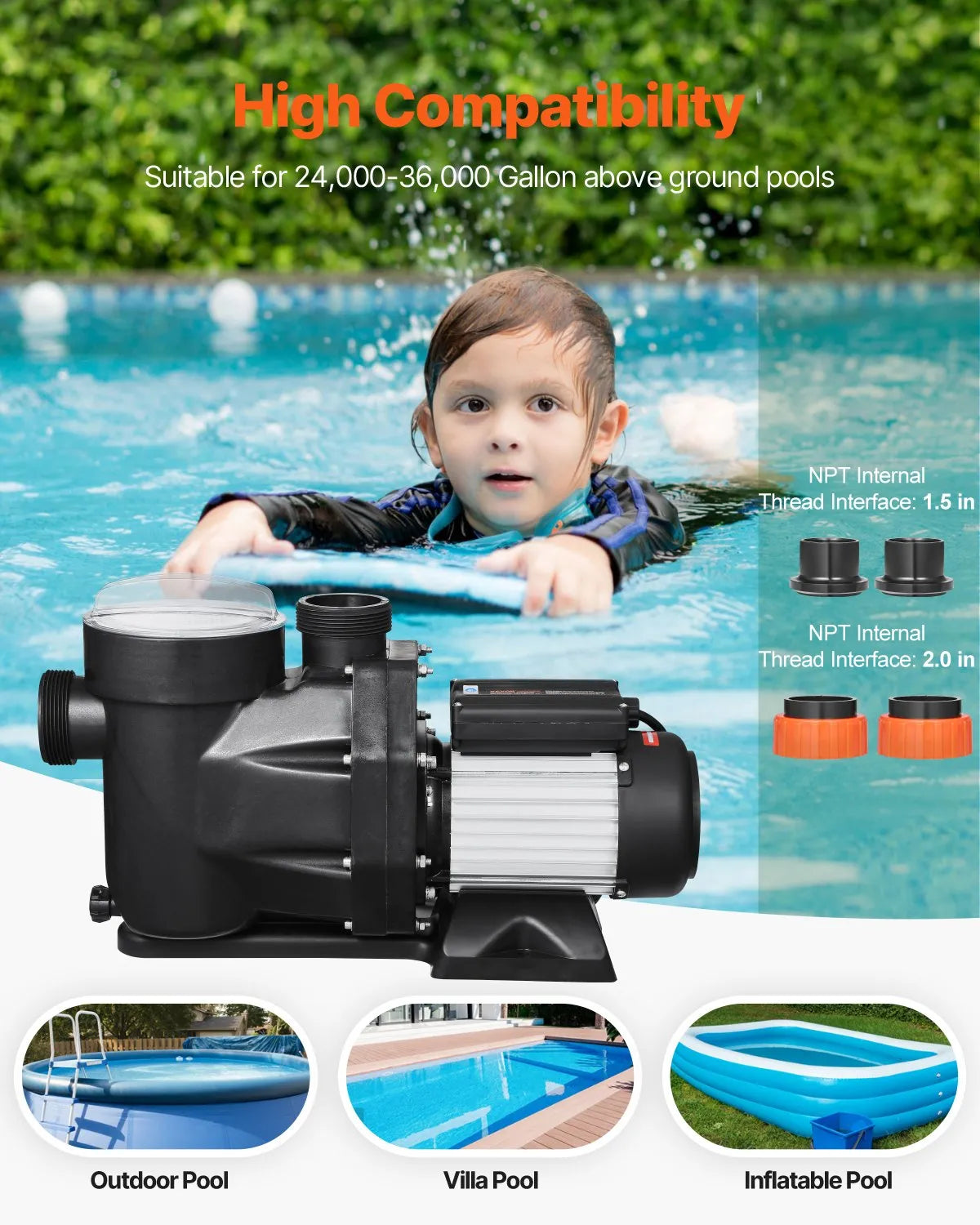 VEVOR 2 HP Above Ground Swimming Pool Pump Single Speed 122 GPM 3450 RPM 220V