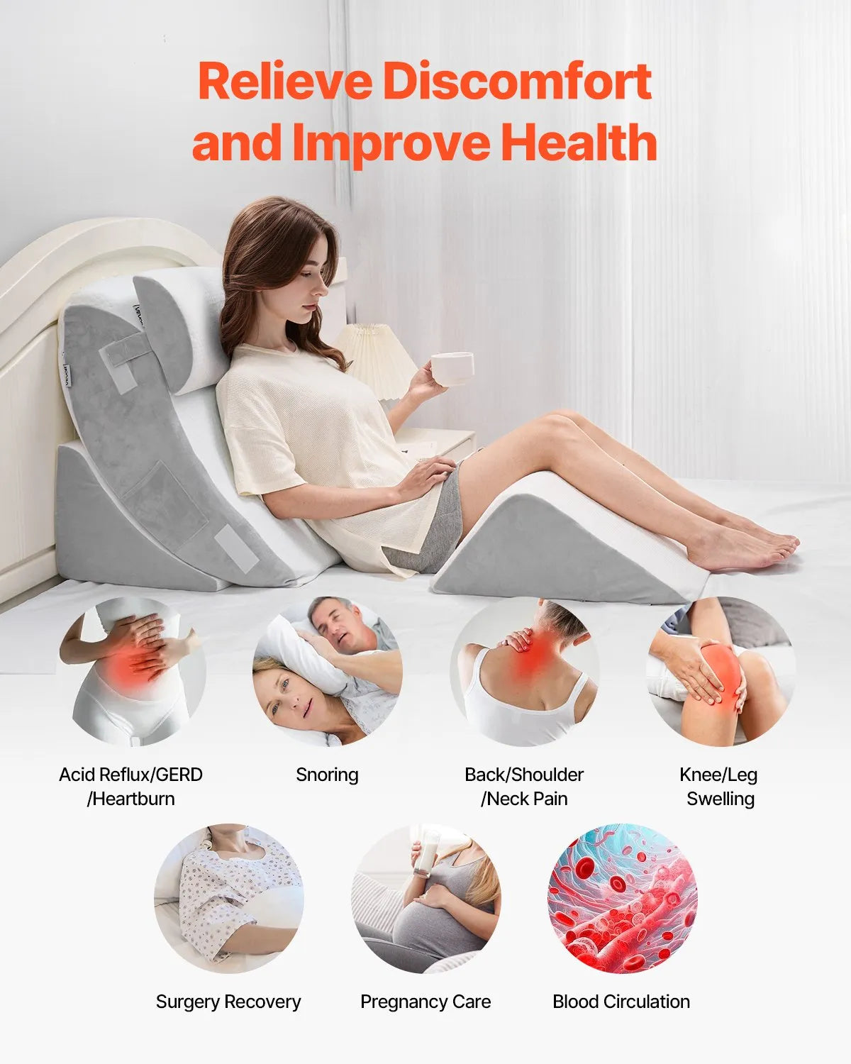 VEVOR Orthopedic Bed Wedge Pillow 4 Pcs Adjustable for Back Leg Neck GERD Sleep