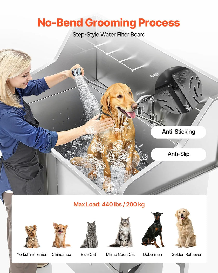VEVOR 50 Inch Dog Grooming Bath Tub Stainless Steel w Ramp Faucet Left Door