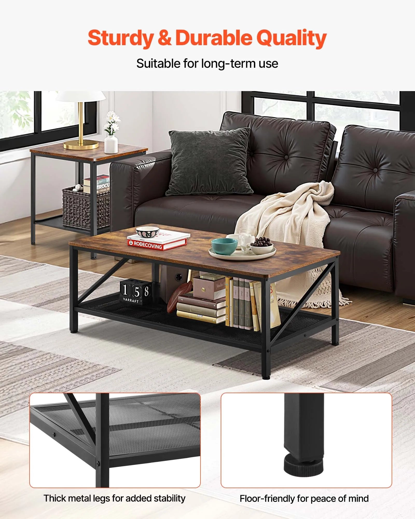 VEVOR 3 Pieces Living Room Table Sets 41.3 in Coffee Table with 2 End Tables