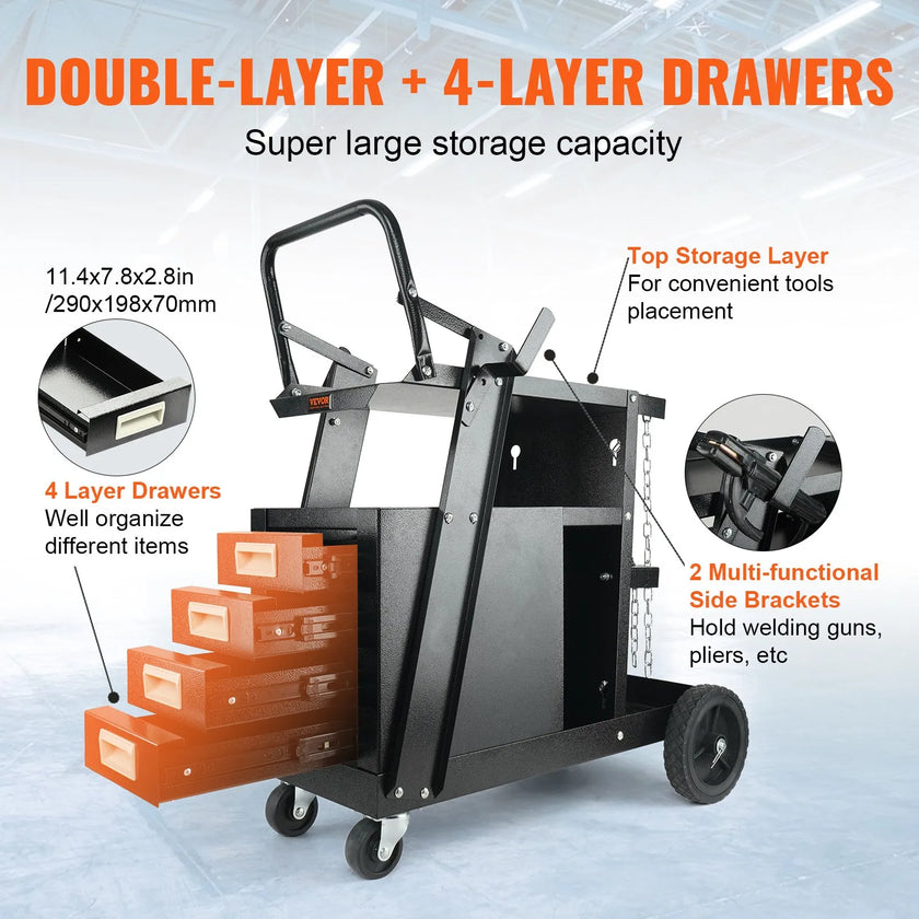 VEVOR 2-Tier 4 Drawers Welding Cart, Welder Cart with 265LBS Static Weight Capacity, 360° Swivel Wheels, Tank Storage Safety Chains, Heavy Duty Rolling for Mig Welder and Plasma Cutter