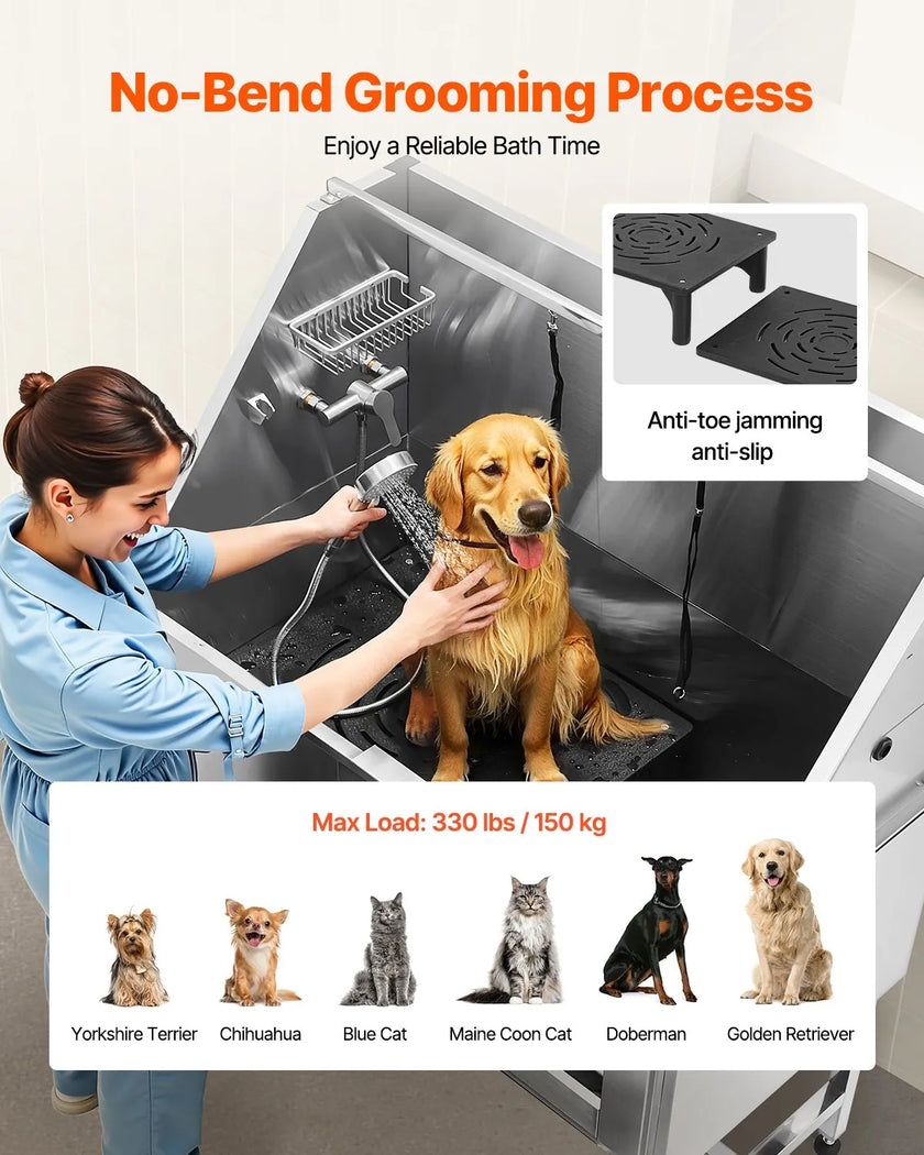 VEVOR 50 Inch Dog Grooming Bath Tub Stainless Steel w Stairs Water Filter