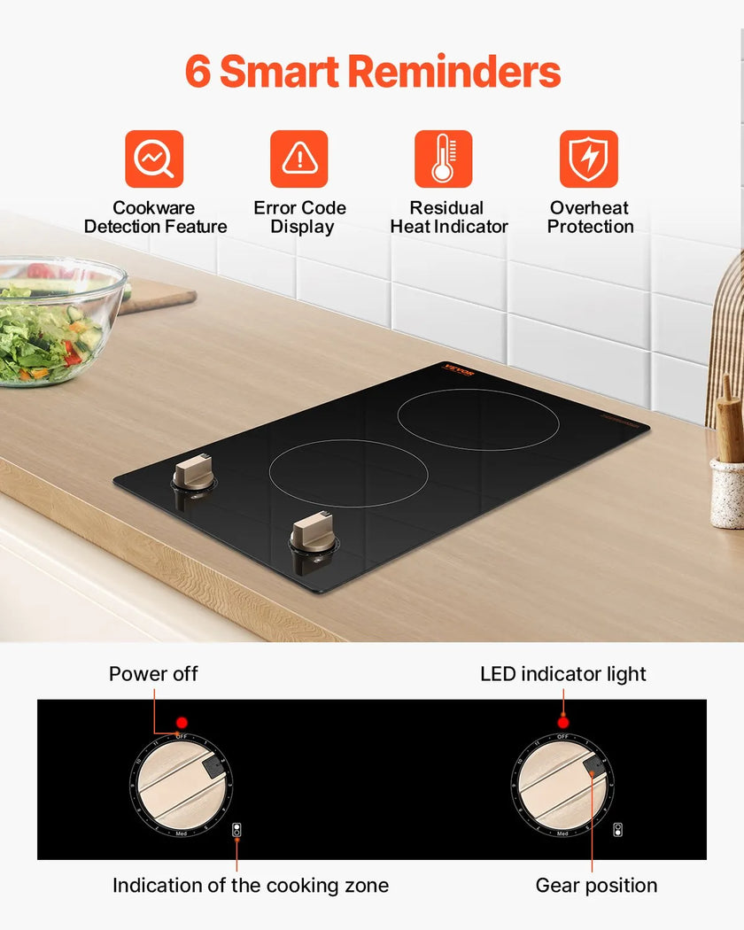 VEVOR 1800W 2 Burner Induction Cooktop Electric Countertop Burner Knob Control
