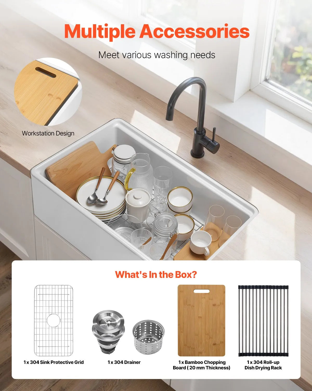 VEVOR 32.5 in Farmhouse Sink Undermount Kitchen Single Bowl Basin Fireclay White