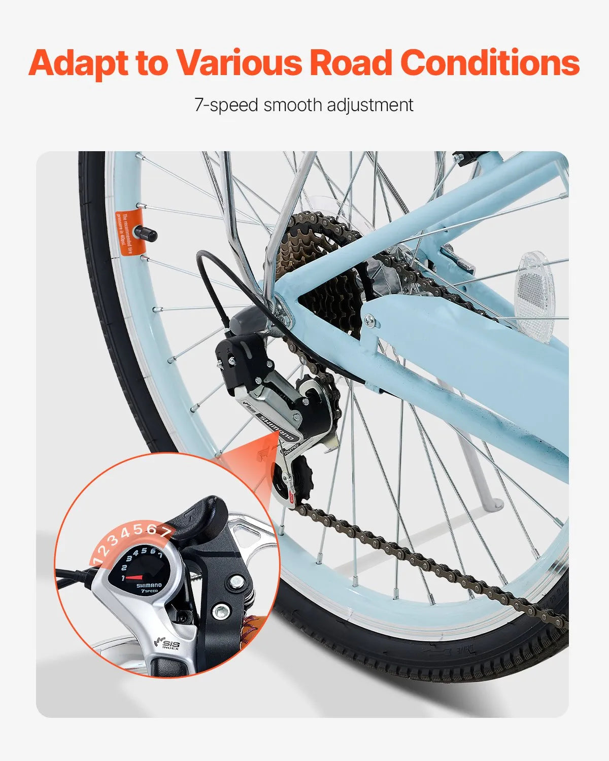 VEVOR 26-Inch Cruiser Bike 7-Speed Light Blue Beach Cruiser Bike with Basket