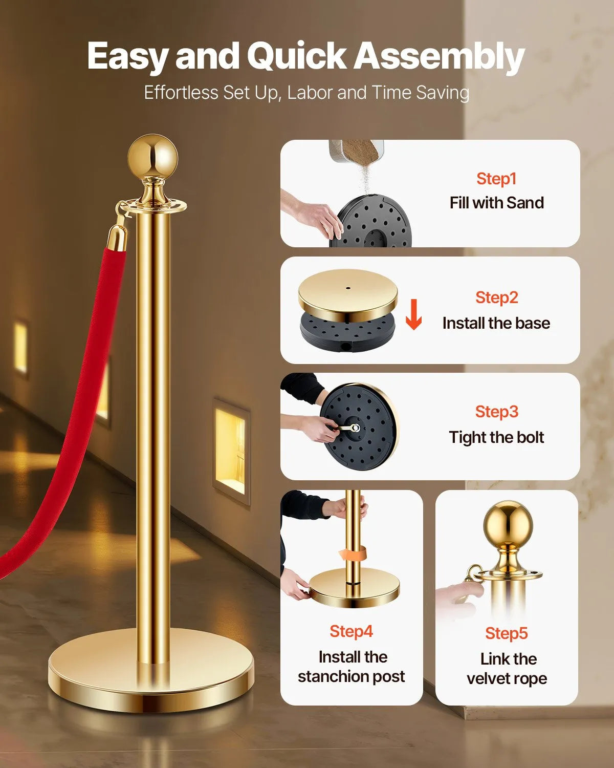 VEVOR 4 Pcs Gold Stanchion Post 3 Red Velvet Ropes Sand Injection Hollow Base