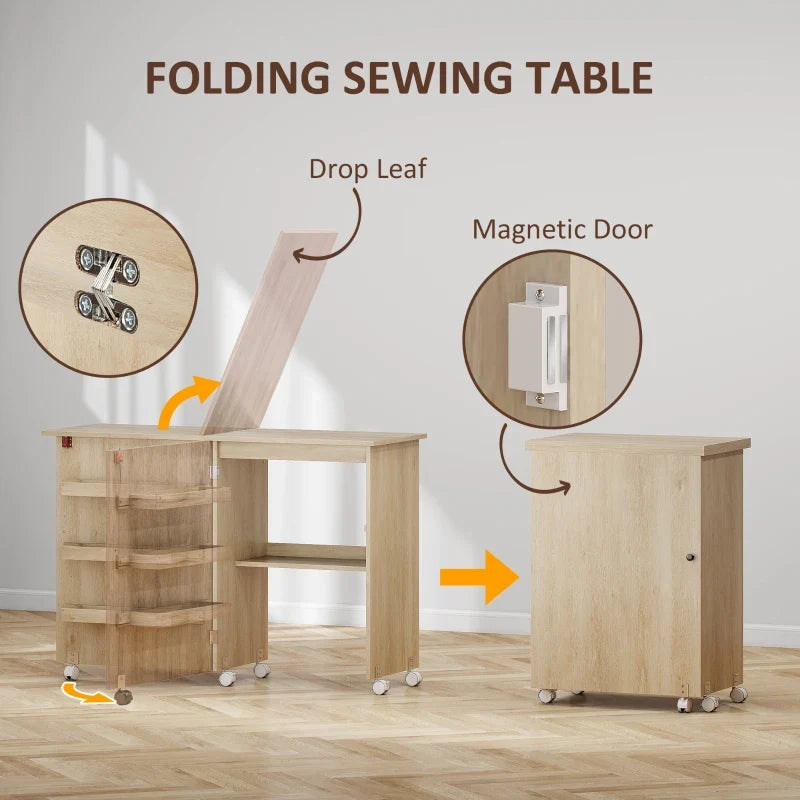 Sewing Machine Cabinet, Folding Sewing Table with Storage Shelf, Bins and Lockable Wheels for Small Space, Nature Wood