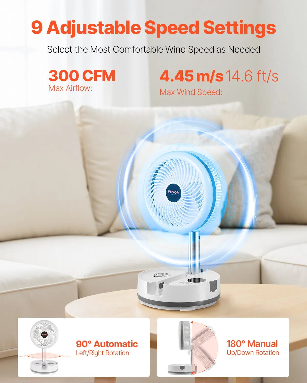 VEVOR 10 inch Foldable Rechargeable Oscillating Fan 3 in 1 Remote 9 Speeds