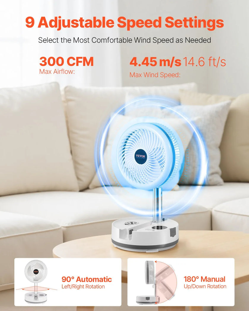 VEVOR 10 inch Foldable Rechargeable Oscillating Fan 3 in 1 Remote 9 Speeds