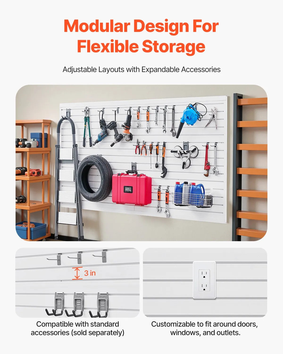 VEVOR 8 x 4 ft Slat Wall Paneling PVC White Garage Slatwall with Accessories