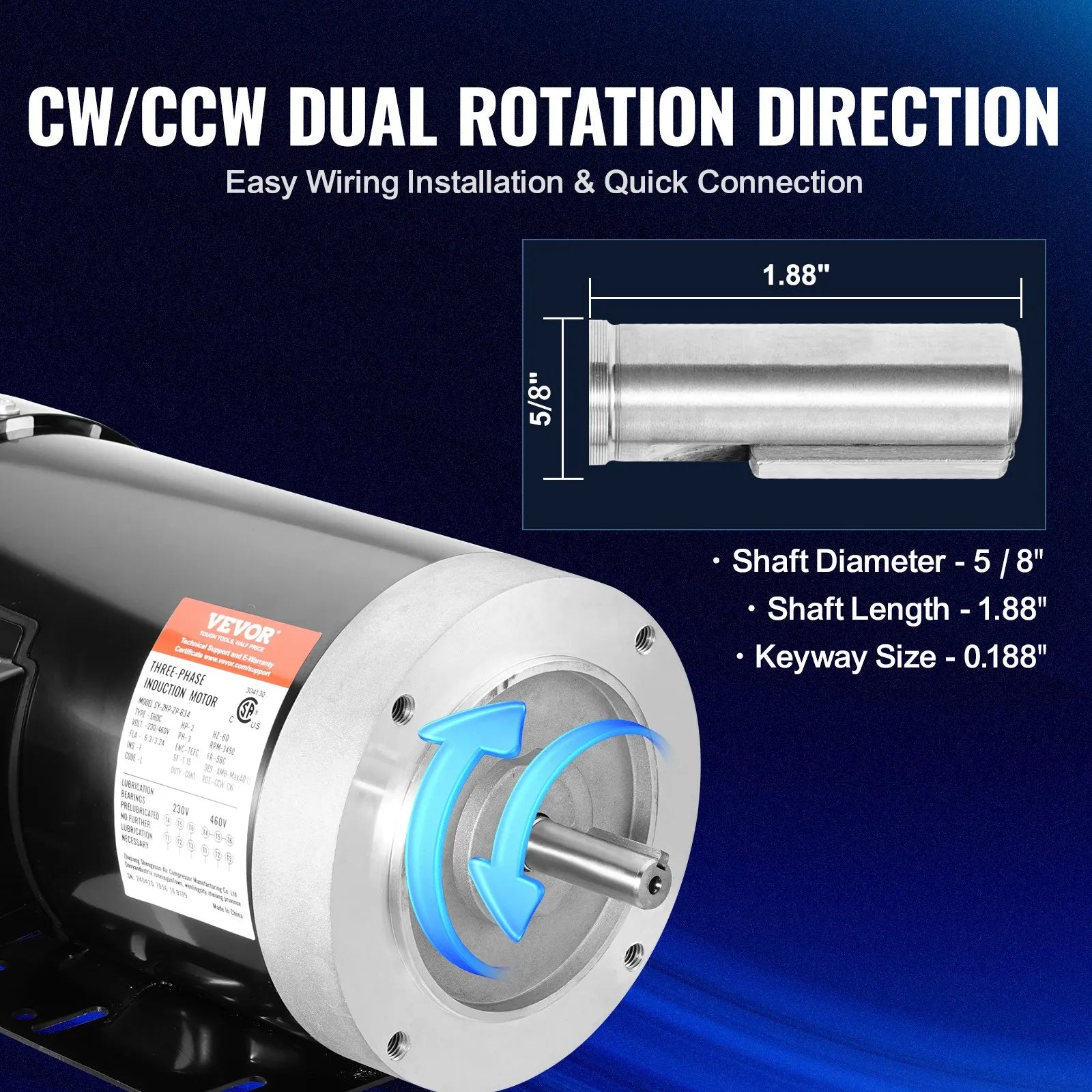 VEVOR 2HP Electric Motor 3450RPM AC230V/460V 56C Frame 3-Phase 5/8