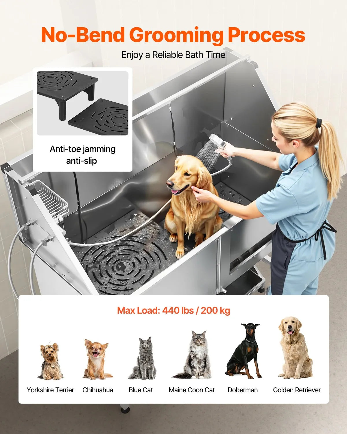 VEVOR 62 Inch Dog Grooming Bath Tub Stainless Steel w Stairs Water Filter