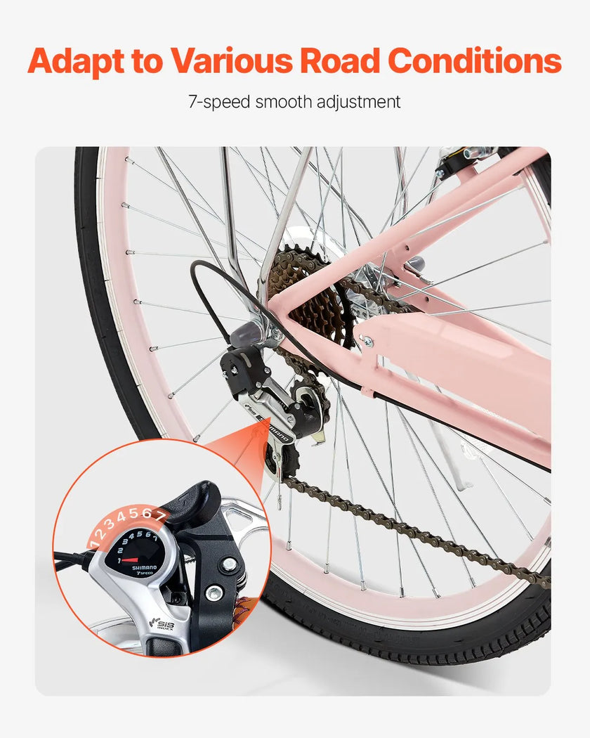 VEVOR 26-Inch Cruiser Bike 7-Speed Pink Beach Cruiser Bike with Basket