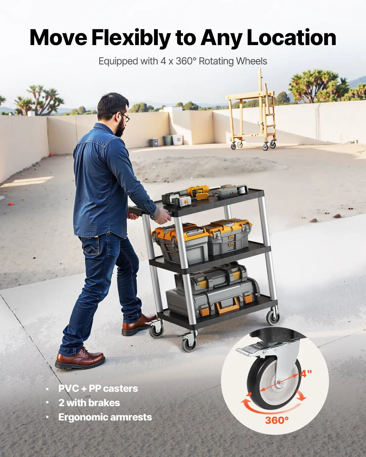 VEVOR 3-shelf Utility Cart 300 lbs 27.6 x 18.1-inch Service Cart with Wheels