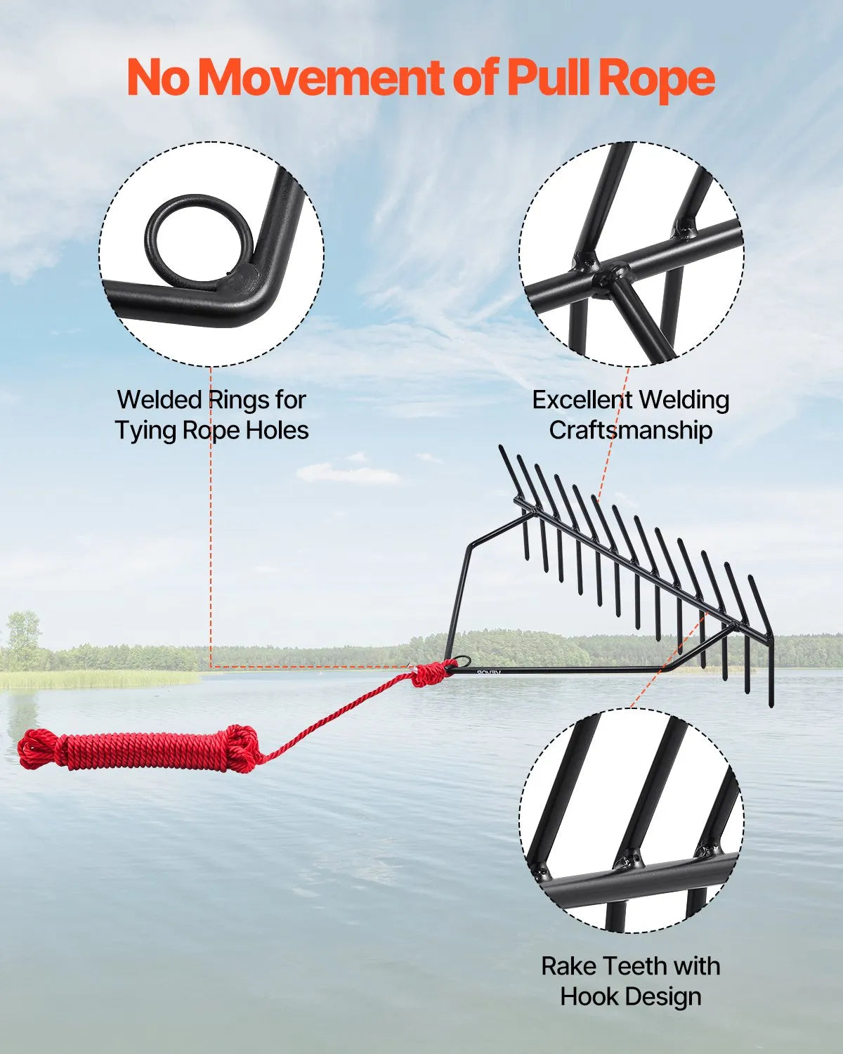 VEVOR 24x8.7 in Pond Aquatic Weed Rake Double-Sided Lake Weed Rake 30ft Rope