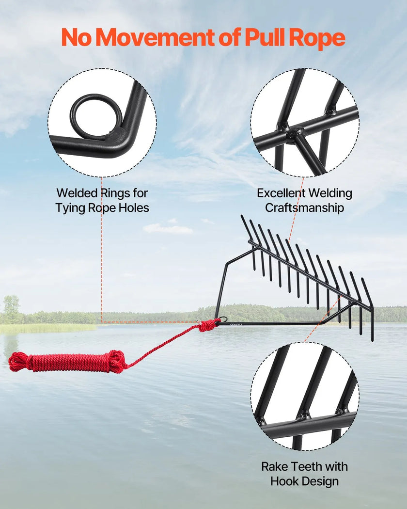 VEVOR 24x8.7 in Pond Aquatic Weed Rake Double-Sided Lake Weed Rake 30ft Rope