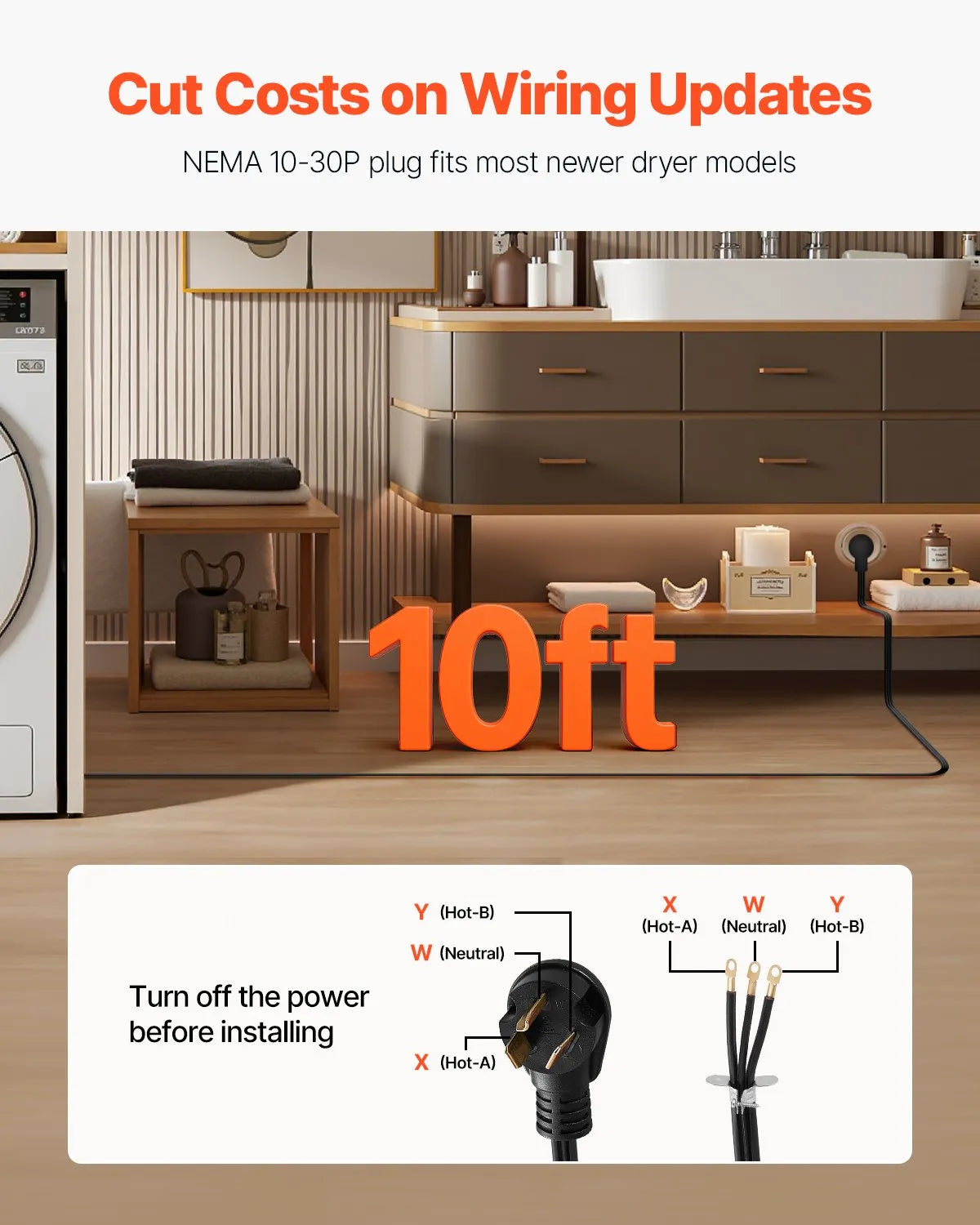 VEVOR 10 ft Dryer Power Cord 3-Prong NEMA 10-30P Dryer Cord w/ Eyelet Connectors