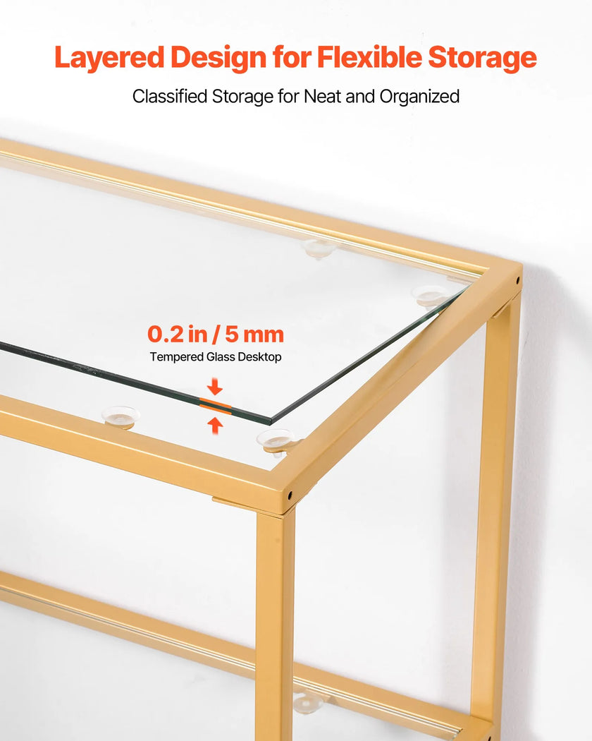 VEVOR 3-Tier Glass Console Table Rectangle Sofa Side Table with Anti-Tip Golden
