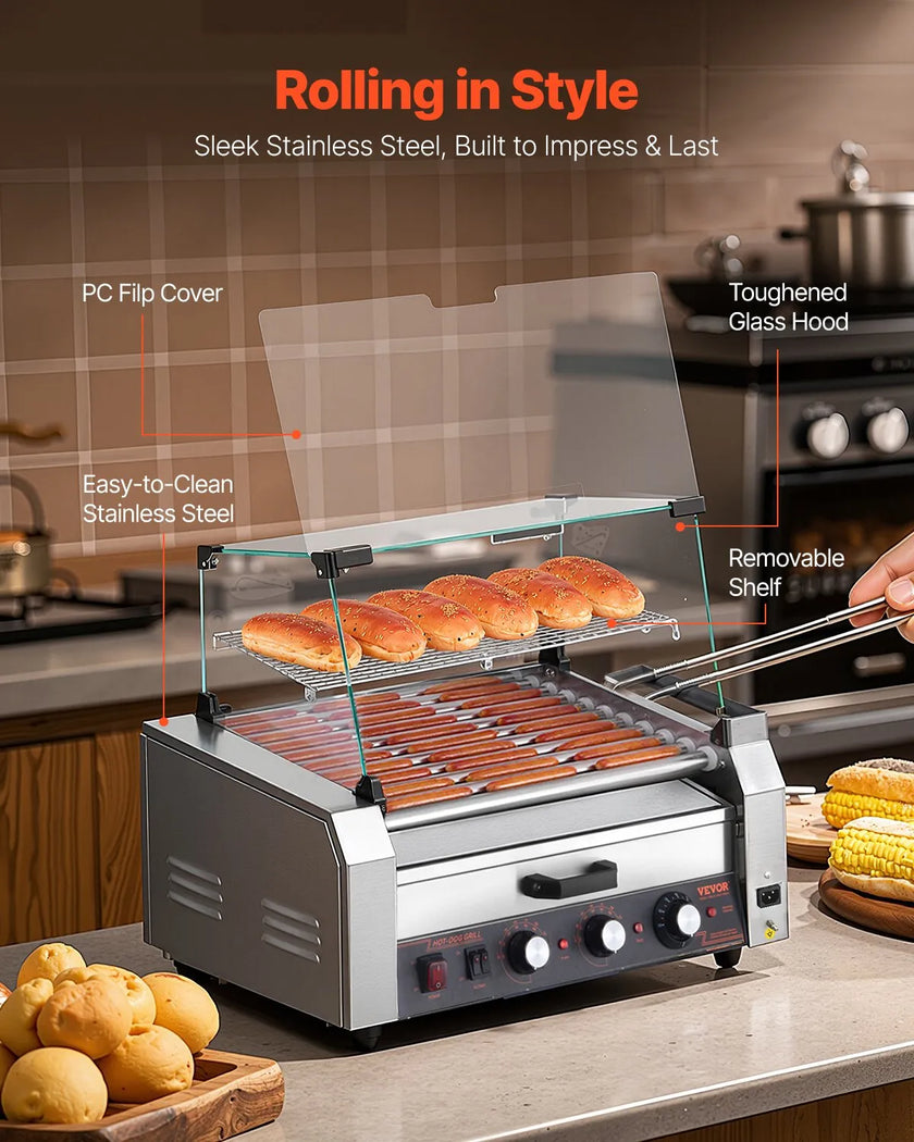 VEVOR 30 Hot Dog 11 Roller Electric Grill Cooker Machine Bun Warmer Cover 1950W
