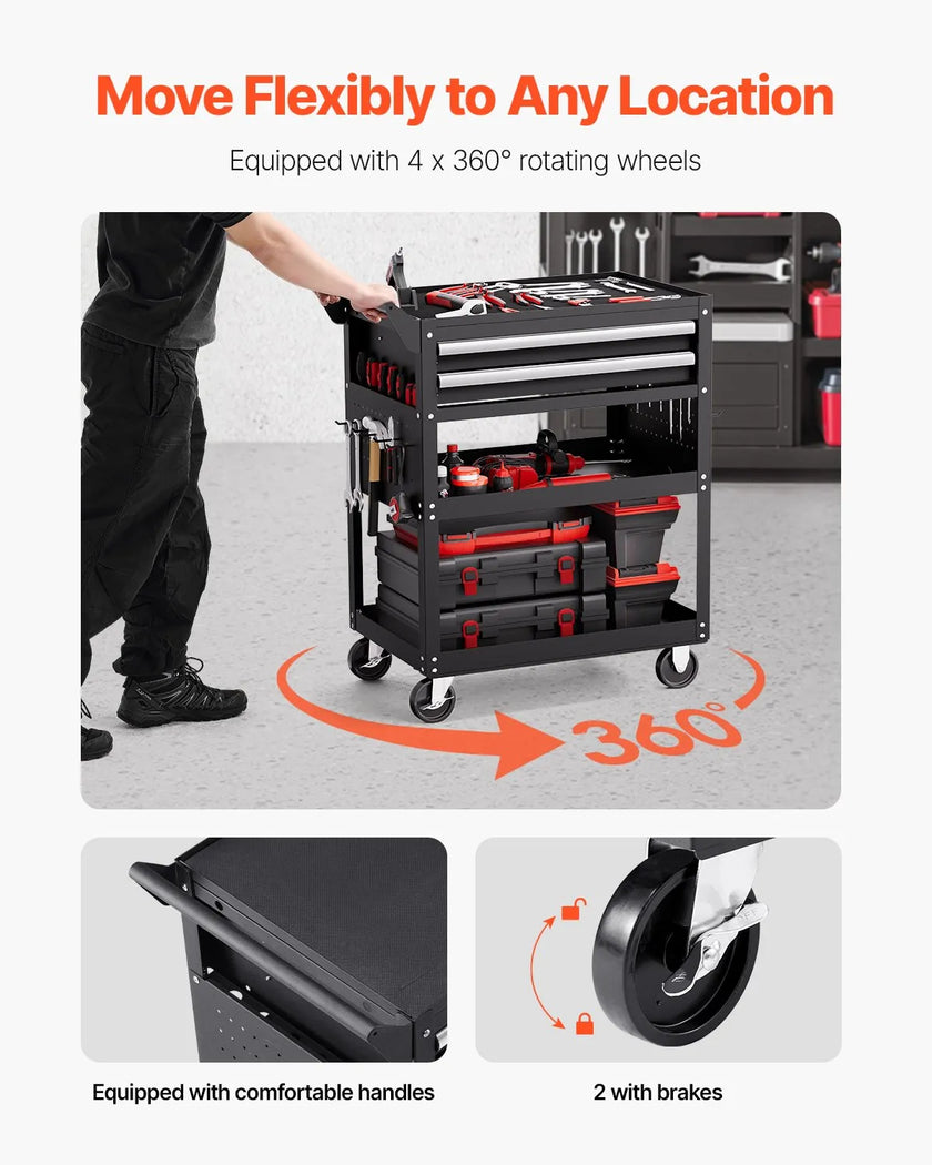 VEVOR 5-Tier Tool Cart on Wheels 400 lb Rolling Work Cart with Drawer & Pegboard