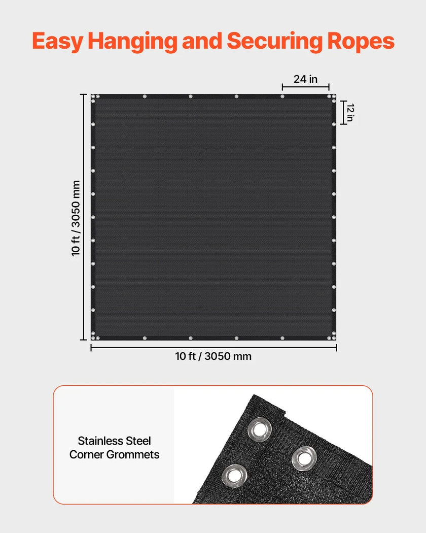 VEVOR 90% Sun Shade Cloth Privacy Screen 10 x 10 ft for Patio Garden (Black)