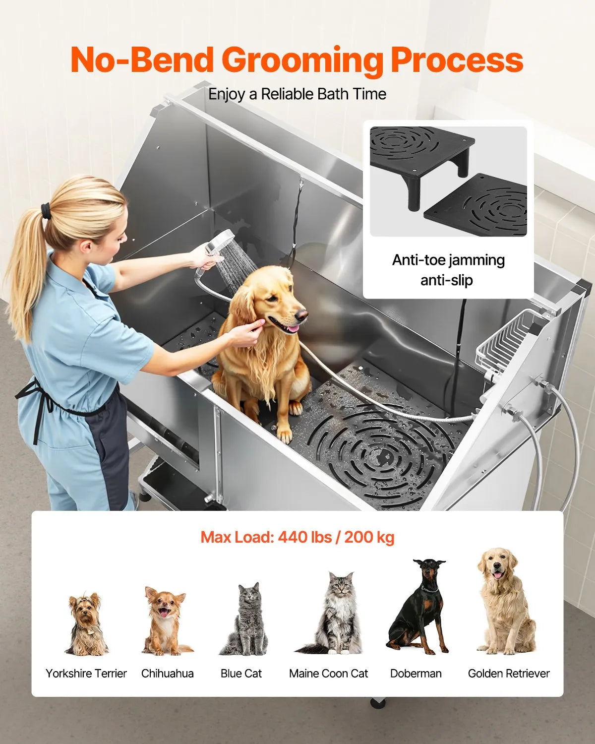 VEVOR 62 Inch Dog Grooming Bath Tub Stainless Steel w Stairs Water Filter Left