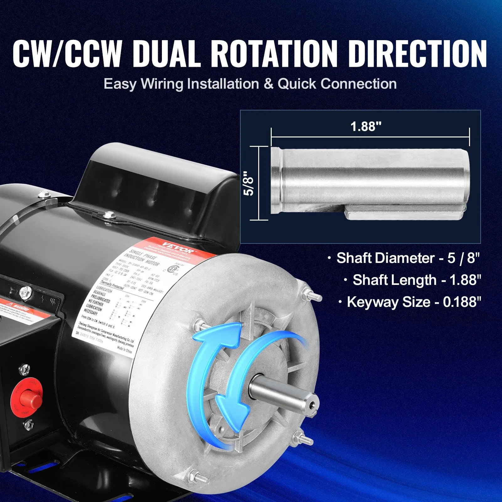 VEVOR 0.75HP Electric Motor 1725RPM AC115/230V 56 Frame 1-Phase 5/8