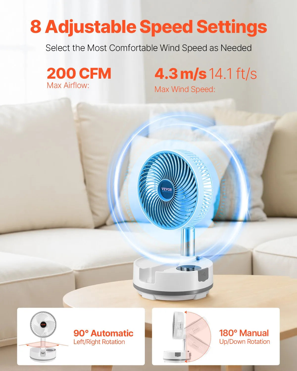 VEVOR 8 inch Foldable Rechargeable Oscillating Fan 3 in 1 Remote 8 Speeds