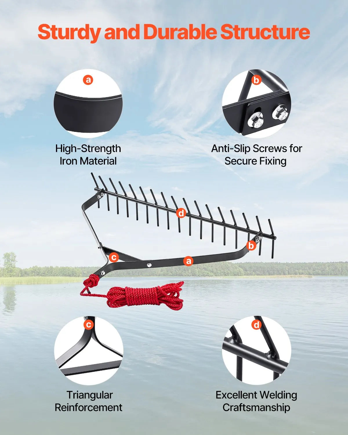 VEVOR 32x6.3 in Pond Aquatic Weed Rake Double-Sided Lake Weed Rake 30ft Rope