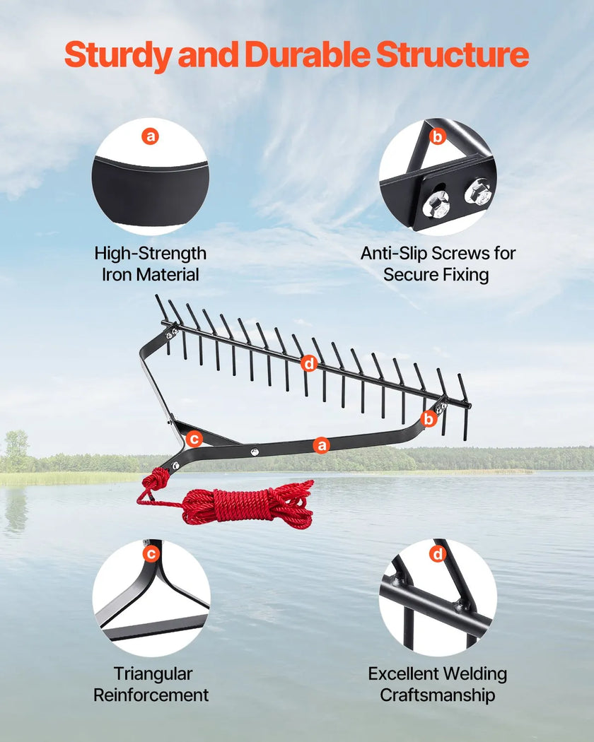 VEVOR 32x6.3 in Pond Aquatic Weed Rake Double-Sided Lake Weed Rake 30ft Rope