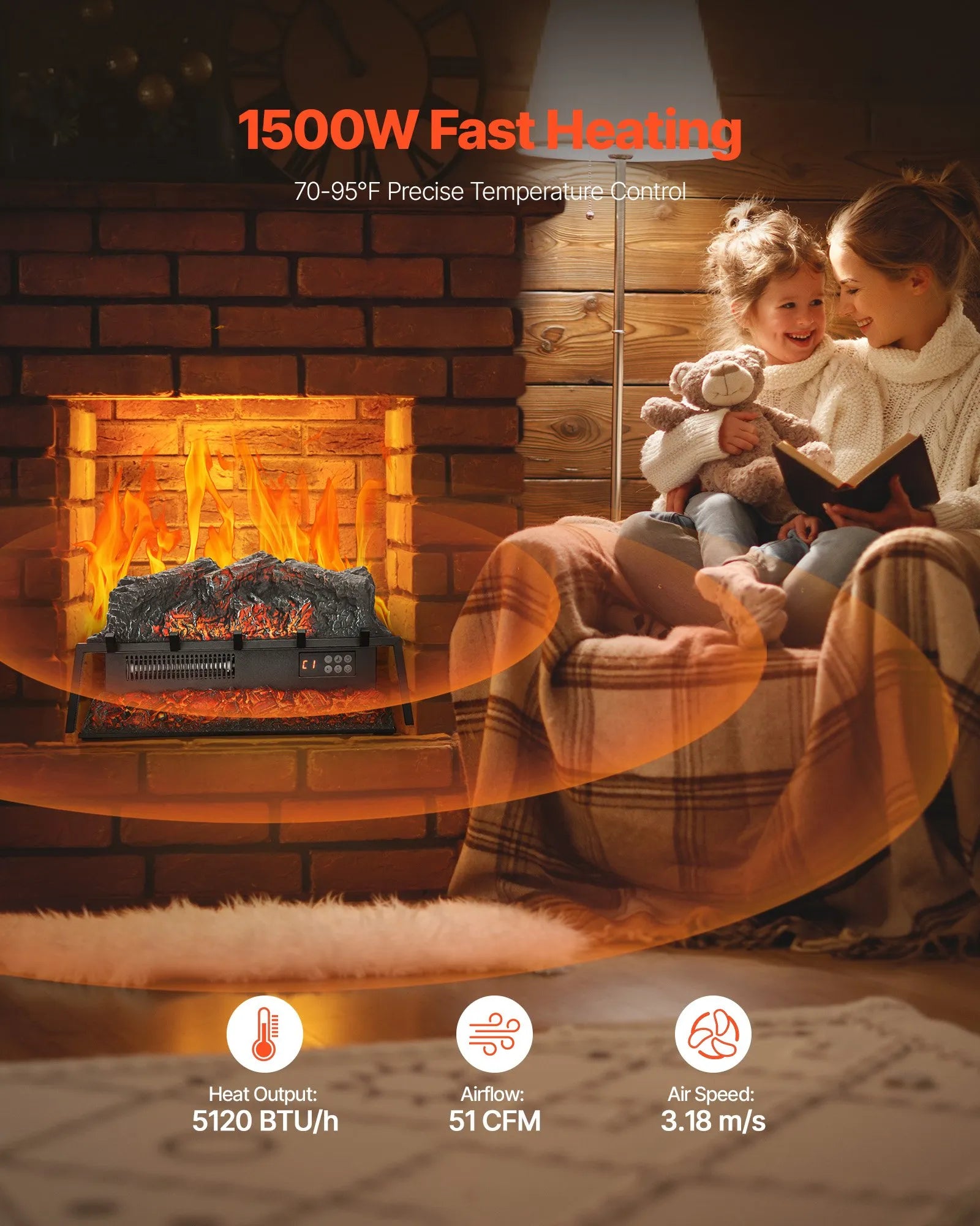 VEVOR 25 Inch Electric Fireplace Log Heater with Crackling Sound Timer Remote