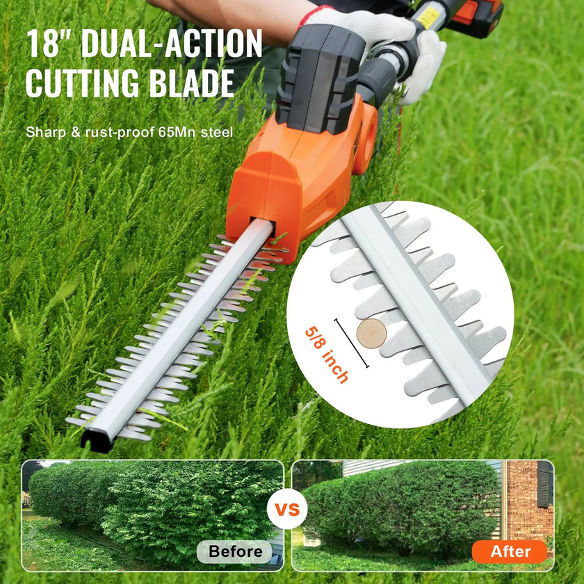 VEVOR 20V Cordless Hedge Trimmer, 18 inch Double-edged Steel Blade, Pole Hedge Trimmer Kit 20V Battery, Fast Charger Included, 74