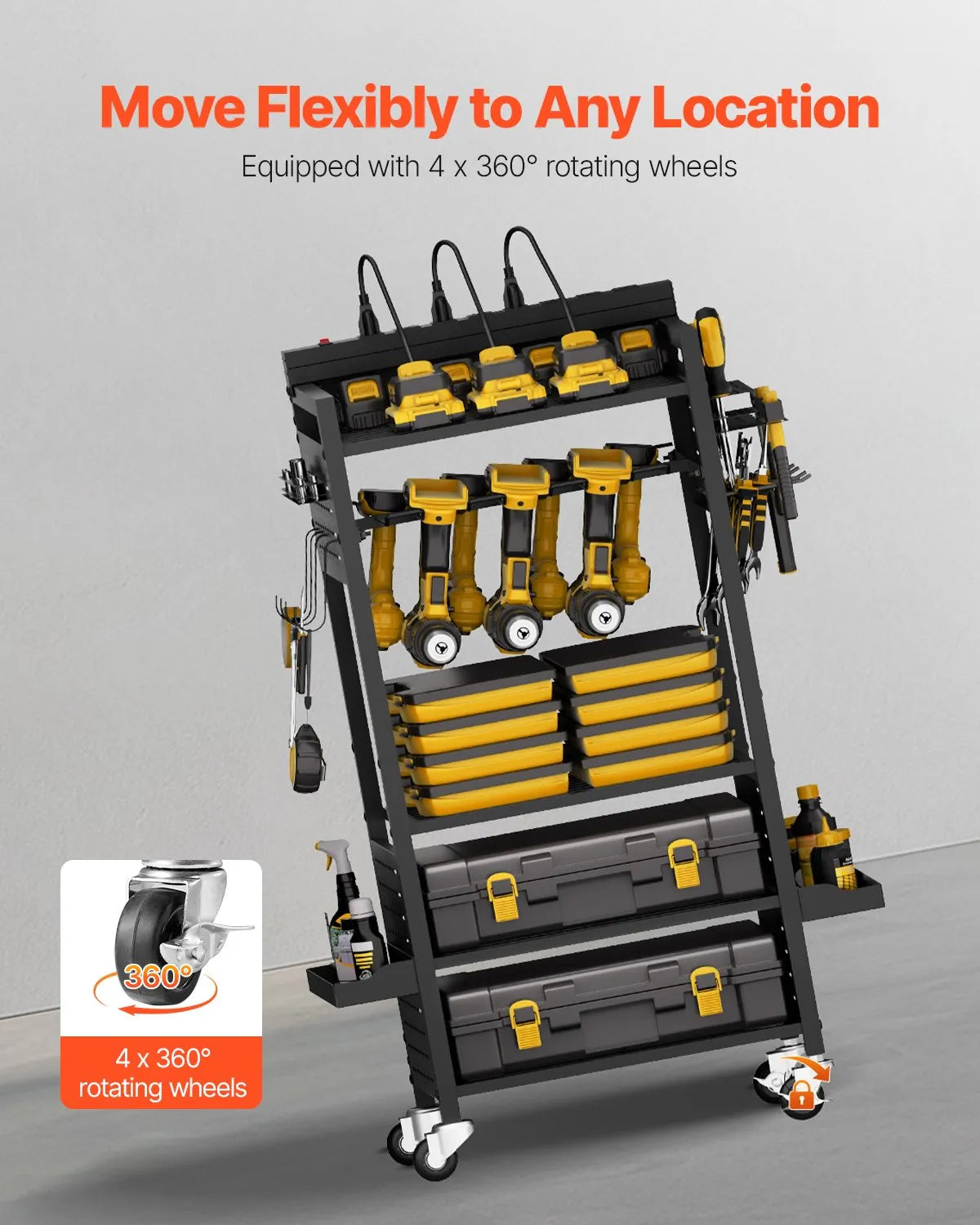 VEVOR 5-tier Tool Organizer Cart with Charging Station Garage Cart on Wheels