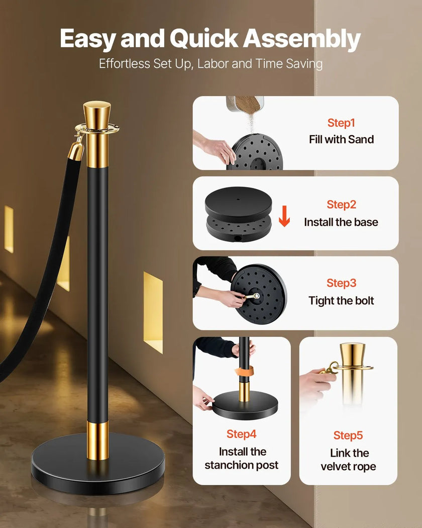 VEVOR 6 Pcs Stanchion Post with 4 Black Velvet Ropes Sand Injection Hollow Base