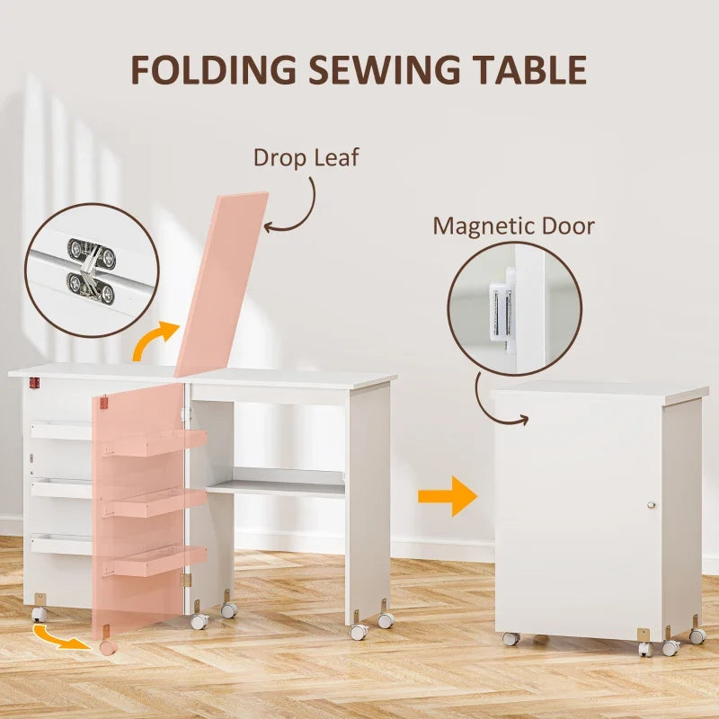 Sewing Machine Cabinet, Folding Sewing Table with Storage Shelf, Bins and Lockable Wheels for Small Space, White